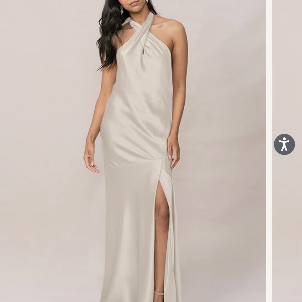 Revelry One-Shoulder Halter Gown in Light Beige